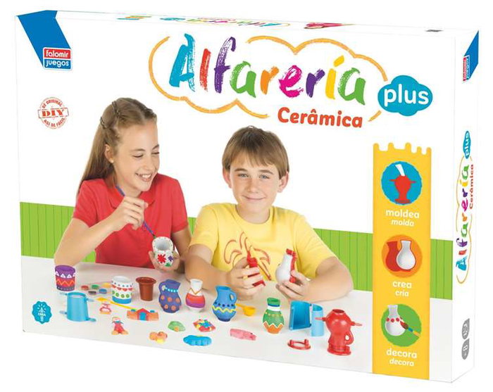 Falomir - Jeu de poterie Alfareria Plus pour créer et décorer des designs en plâtre - Âge 8 ans et plus - Langues: espagnol, portugais - Carton, plâtre, aquarelles et plastique