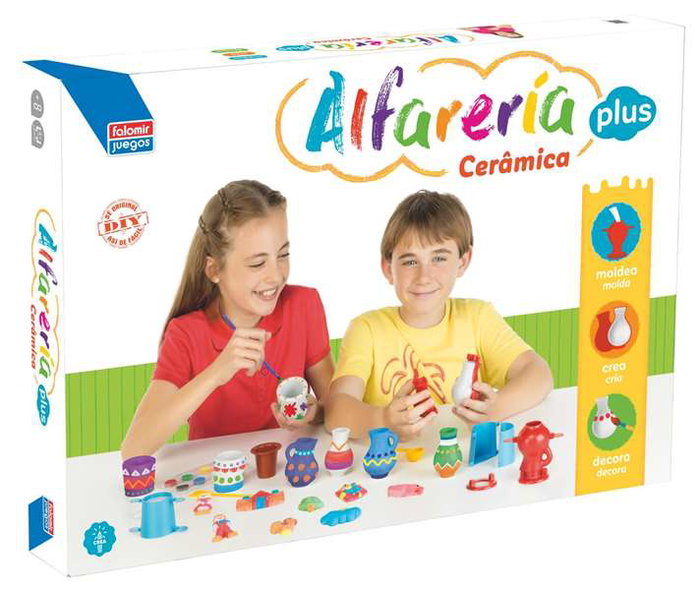 Falomir - Jeu de poterie Alfareria Plus pour créer et décorer des designs en plâtre - Âge 8 ans et plus - Langues: espagnol, portugais - Carton, plâtre, aquarelles et plastique