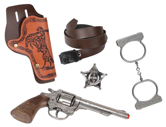 Gonher - Coffret Déguisement Western Sheriff : Revolver à 8 Coups en Métal avec Cartouchière, Ceinture, Menottes et Étoile (28x28x4 cm)