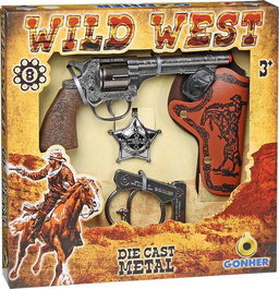 Gonher - Coffret Déguisement Western Sheriff : Revolver à 8 Coups en Métal avec Cartouchière, Ceinture, Menottes et Étoile (28x28x4 cm)