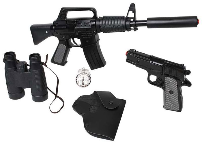 Gonher Jouet policier avec 8 tirs - Rifle d'assaut, pistolet et accessoires (plaque, cartouchière, jumelles)