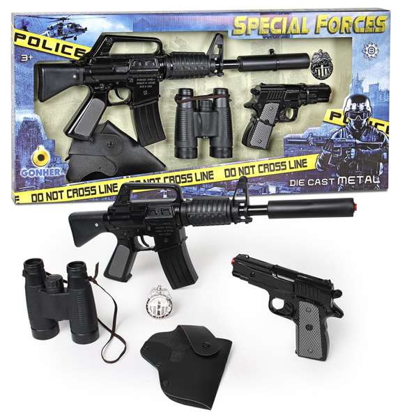 Gonher Jouet policier avec 8 tirs - Rifle d'assaut, pistolet et accessoires (plaque, cartouchière, jumelles)