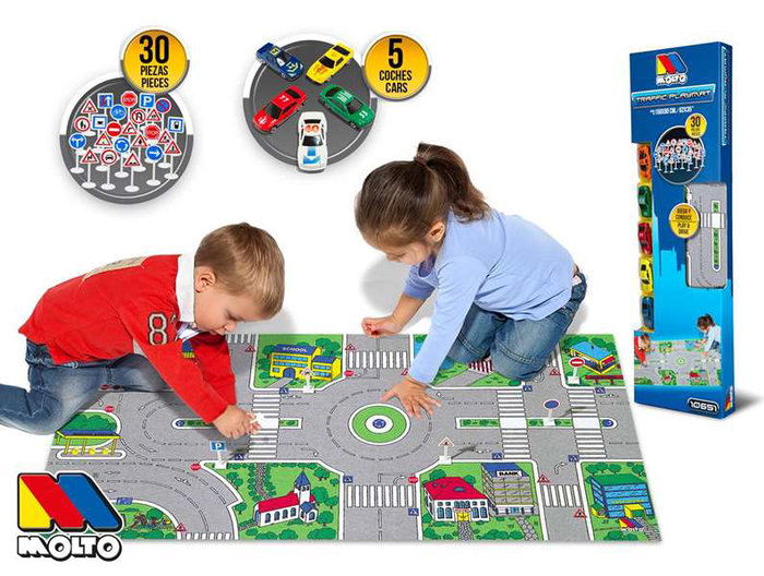 Molto - Tapis de jeu en mousse avec 30 accessoires (voitures et panneaux) - 124 x 60 cm - Jeu en espagnol et anglais - À partir de 3 ans