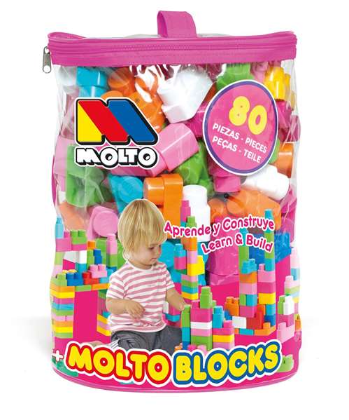Molto - Jeu de construction 80 pièces - Sac rose - Jouet en plastique - Instructions en espagnol et anglais