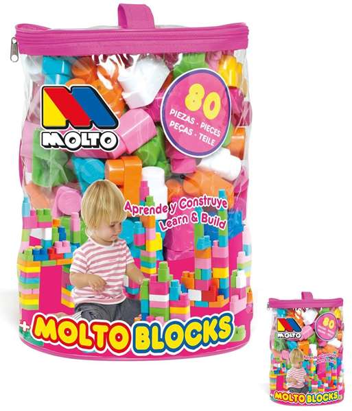 Molto - Jeu de construction 80 pièces - Sac rose - Jouet en plastique - Instructions en espagnol et anglais