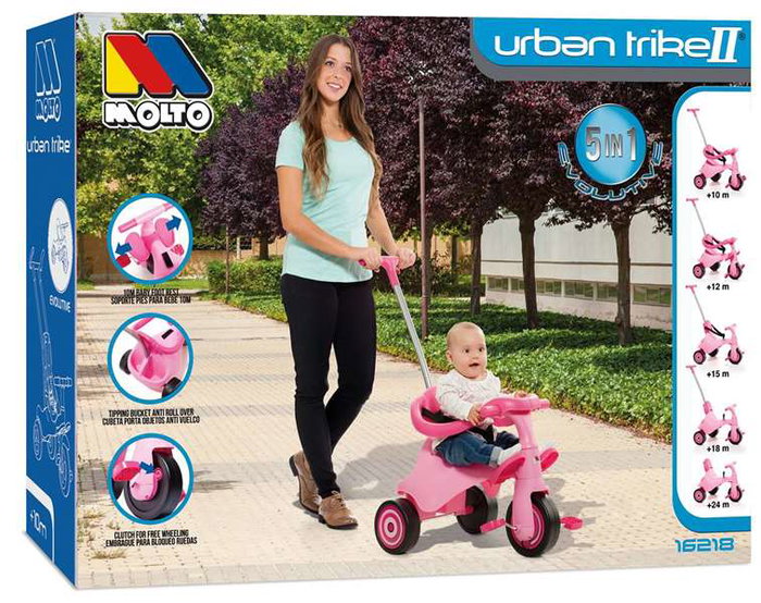 Molto Triciclo Urban Trike City 5 en 1 avec Bandeja et Palo - Tricycle Évolutif pour Enfant - 89 cm - Rose
