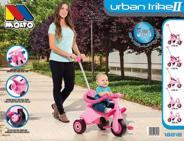Molto Triciclo Urban Trike City 5 en 1 avec Bandeja et Palo - Tricycle Évolutif pour Enfant - 89 cm - Rose