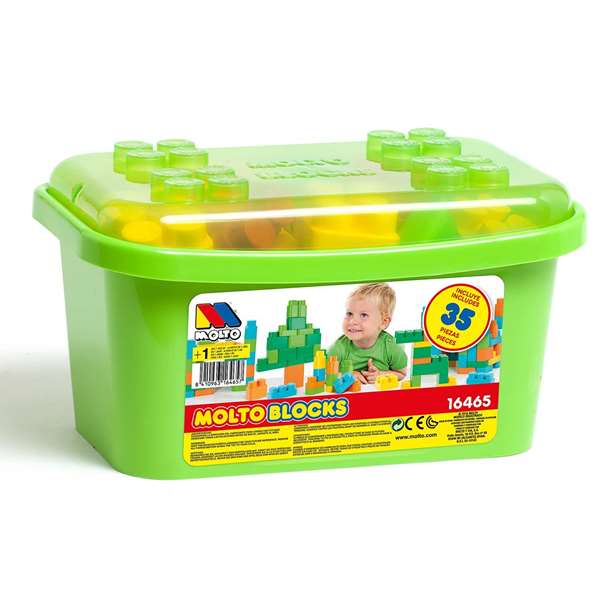 Molto - Boîte de blocs de construction en plastique - 35 pièces - Pour enfants dès 1 an et adultes - Langues: espagnol, anglais