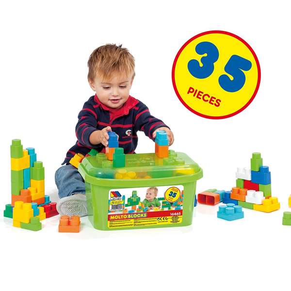 Molto - Boîte de blocs de construction en plastique - 35 pièces - Pour enfants dès 1 an et adultes - Langues: espagnol, anglais