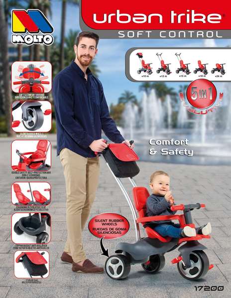 Molto Triciclo Urban Trike RGOMA+CINT+BOLSA rouge avec canne, ceinture, sac et roue en caoutchouc 98 cm