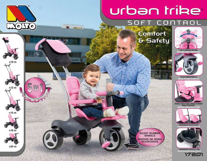 Molto - Tricycle Urban Trike Rosa 98 cm avec canne, ceinture, sac et roues en gomme - pour enfants et adultes