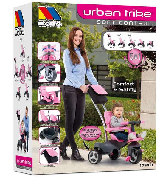Molto - Tricycle Urban Trike Rosa 98 cm avec canne, ceinture, sac et roues en gomme - pour enfants et adultes