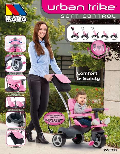 Molto - Tricycle Urban Trike Rosa 98 cm avec canne, ceinture, sac et roues en gomme - pour enfants et adultes