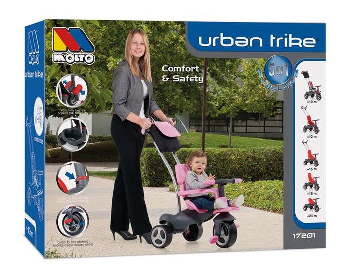 Molto - Tricycle Urban Trike Rosa 98 cm avec canne, ceinture, sac et roues en gomme - pour enfants et adultes