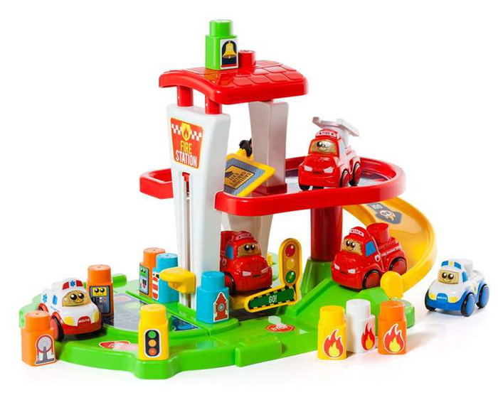 Molto - Jeu de construction Station de pompiers avec camion électronique, lumière et son - 53x31x31 cm - Espagnol/Anglais