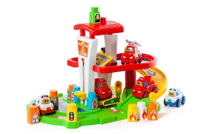 Molto - Jeu de construction Station de pompiers avec camion électronique, lumière et son - 53x31x31 cm - Espagnol/Anglais