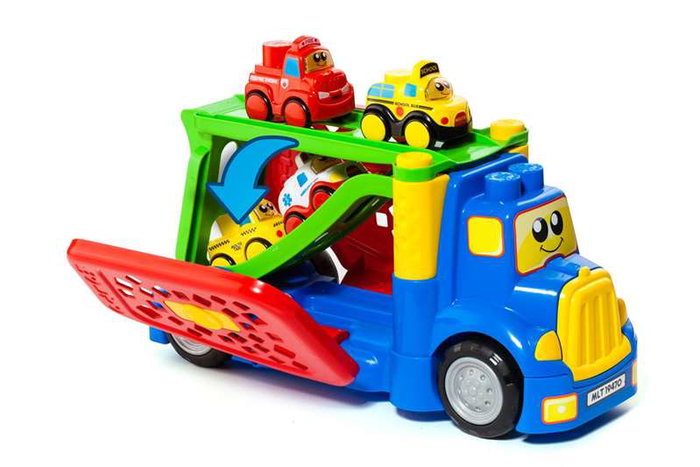 Molto - Camion porteur 82 cm avec 1 voiture et 10 blocs de construction - Jeu d'éveil son et lumière pour enfants 1 an et plus Molto - Camion porteur 82 cm avec 1 voiture et 10 blocs de construction - Jeu d'éveil son et lumière pour enfants 1 an et plus