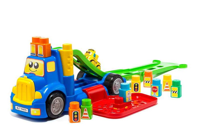 Molto - Camion porteur 82 cm avec 1 voiture et 10 blocs de construction - Jeu d'éveil son et lumière pour enfants 1 an et plus Molto - Camion porteur 82 cm avec 1 voiture et 10 blocs de construction - Jeu d'éveil son et lumière pour enfants 1 an et plus