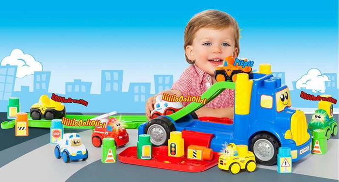 Molto - Camion porteur 82 cm avec 1 voiture et 10 blocs de construction - Jeu d'éveil son et lumière pour enfants 1 an et plus Molto - Camion porteur 82 cm avec 1 voiture et 10 blocs de construction - Jeu d'éveil son et lumière pour enfants 1 an et plus