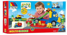 Molto - Camion porteur 82 cm avec 1 voiture et 10 blocs de construction - Jeu d'éveil son et lumière pour enfants 1 an et plus