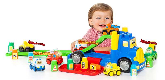 Molto - Camion porteur 82 cm avec 1 voiture et 10 blocs de construction - Jeu d'éveil son et lumière pour enfants 1 an et plus Molto - Camion porteur 82 cm avec 1 voiture et 10 blocs de construction - Jeu d'éveil son et lumière pour enfants 1 an et plus