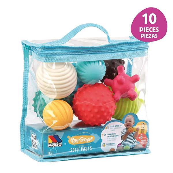Molto Sac de 10 balles sensorielles en plastique - Diamètre 180 mm - Jouet d'éveil pour bébé de 6 mois et plus - Instructions en espagnol et anglais
