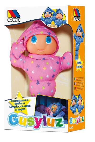 Molto - Peluche lumineuse Gusy avec lumière 28 cm - Peluche interactive pour enfants, fonctionne sur pile AA incluse - Couleurs disponibles : Bleu, Rose, Vert