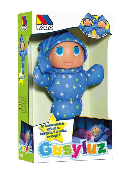 Molto - Peluche lumineuse Gusy avec lumière 28 cm - Peluche interactive pour enfants, fonctionne sur pile AA incluse - Couleurs disponibles : Bleu, Rose, Vert