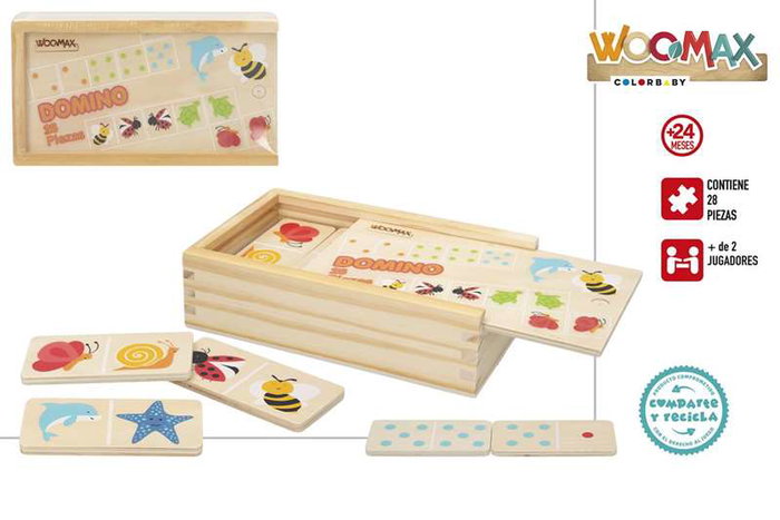 Woomax Domino Animaux en Bois 28 Pièces - Jeu Éducatif pour Enfants Dès 24 Mois - Multilingue (Français, Espagnol, Anglais, Portugais)