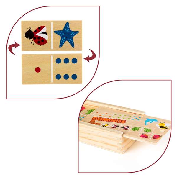 Woomax Domino Animaux en Bois 28 Pièces - Jeu Éducatif pour Enfants Dès 24 Mois - Multilingue (Français, Espagnol, Anglais, Portugais)