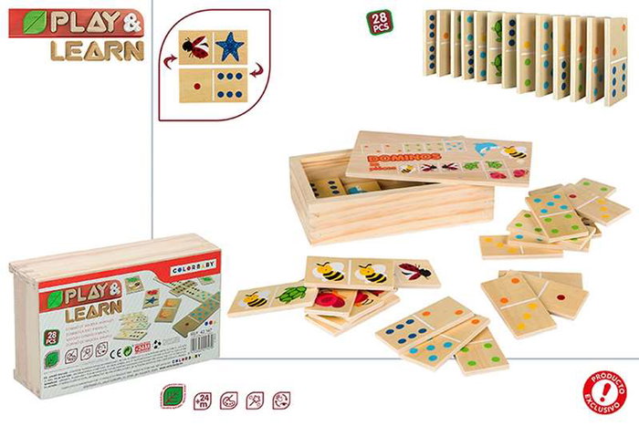 Woomax Domino Animaux en Bois 28 Pièces - Jeu Éducatif pour Enfants Dès 24 Mois - Multilingue (Français, Espagnol, Anglais, Portugais)