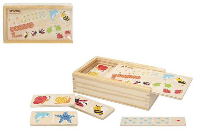 Woomax Domino Animaux en Bois 28 Pièces - Jeu Éducatif pour Enfants Dès 24 Mois - Multilingue (Français, Espagnol, Anglais, Portugais)