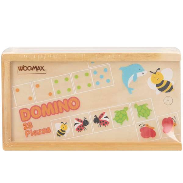 Woomax Domino Animaux en Bois 28 Pièces - Jeu Éducatif pour Enfants Dès 24 Mois - Multilingue (Français, Espagnol, Anglais, Portugais)