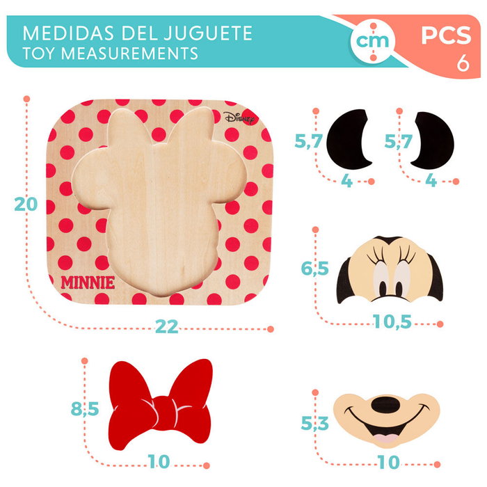 WOOMAX Puzzle en bois Minnie Disney - 6 pièces - Dimensions 22x20 cm - Pour enfants à partir de 12 mois