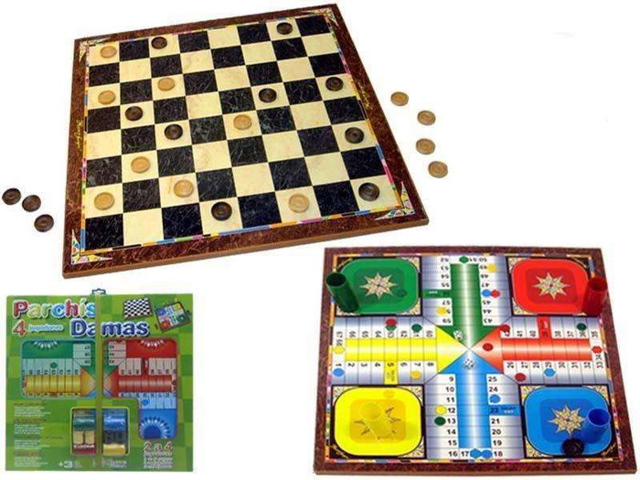 Rama Jeu de société en bois - Tablier de Dames et de Petits Chevaux (Parchis) 4 en 1 avec accessoires - 40.5 x 40.5 x 1.2 cm