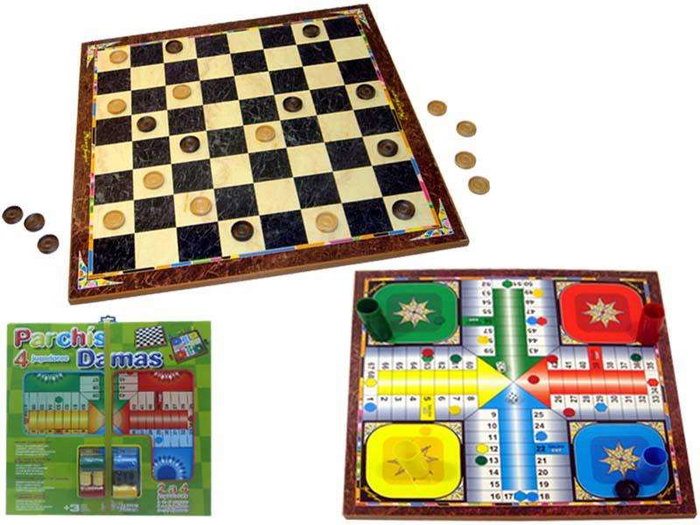 Rama Jeu de société en bois - Tablier de Dames et de Petits Chevaux (Parchis) 4 en 1 avec accessoires - 40.5 x 40.5 x 1.2 cm