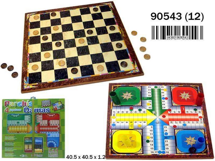 Rama Jeu de société en bois - Tablier de Dames et de Petits Chevaux (Parchis) 4 en 1 avec accessoires - 40.5 x 40.5 x 1.2 cm