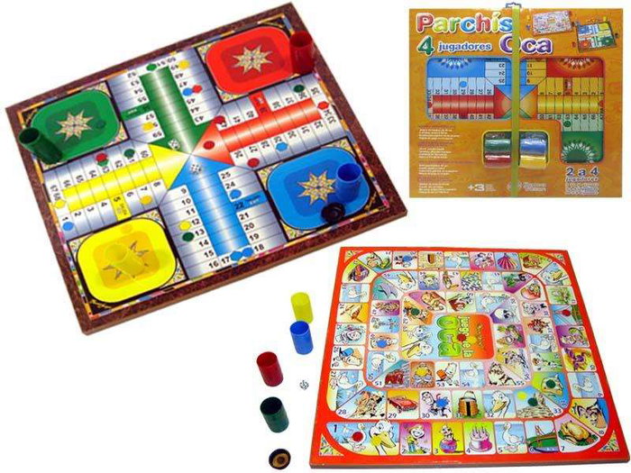 Rama - Jeu de société en bois combiné Parchis et Jeu de l'Oie avec accessoires - Plateau 40,5 x 40,5 x 1,2 cm