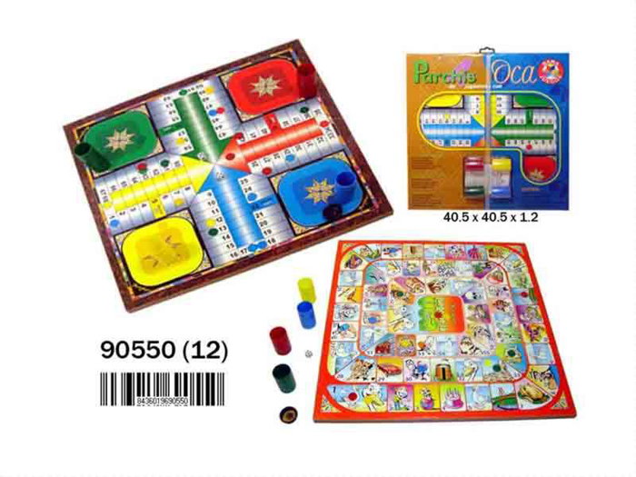 Rama - Jeu de société en bois combiné Parchis et Jeu de l'Oie avec accessoires - Plateau 40,5 x 40,5 x 1,2 cm