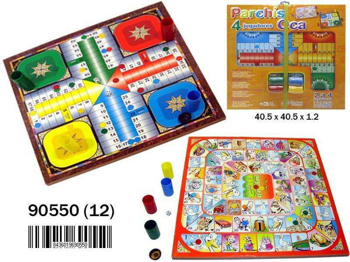 Rama - Jeu de société en bois combiné Parchis et Jeu de l'Oie avec accessoires - Plateau 40,5 x 40,5 x 1,2 cm
