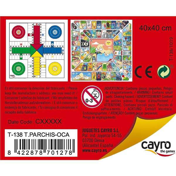 Cayro Tablero parchis 4 y oca - Jeu de société de plateau en bois 40x40 cm - Jeu du Parchís et Jeu de l'oie - Langues: espagnol, anglais, français, italien, portugais, allemand