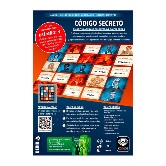 Devir Jeu de société Código Secreto – Jeu d’espionnage pour 2 à 8 joueurs, à partir de 8 ans, 15 minutes