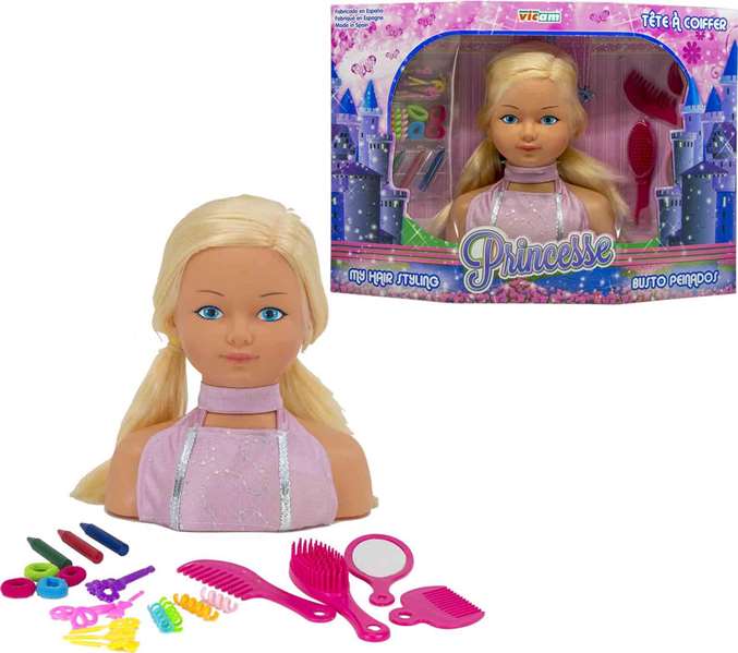 Vicam Busto Princesse, buste de poupée à peigner et à décorer avec ses accessoires, jouet pour enfants, 54 x 14,5 x 38 cm Vicam Busto Princesse, buste de poupée à peigner et à décorer avec ses accessoires, jouet pour enfants, 54 x 14,5 x 38 cm