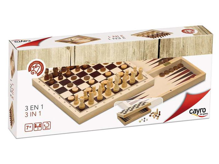 Cayro Jeu de Société 3 en 1 en Bois : Échecs, Dames et Backgammon - Plateau 29 x 29 cm - Multilingue