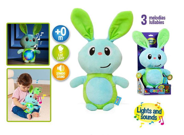 Molto Peluche Gusy Friends Lapin lumineux avec son et lumières 24 cm - Piles incluses - Langue: espagnol, anglais