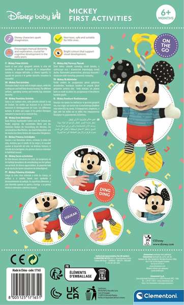 Disney Peluche Bébé Mickey avec Textures Sensoriel - Activités d'Éveil pour Nourrisson, Sonajero et Couleurs Stimulantes