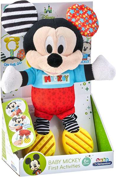 Disney Peluche Bébé Mickey avec Textures Sensoriel - Activités d'Éveil pour Nourrisson, Sonajero et Couleurs Stimulantes