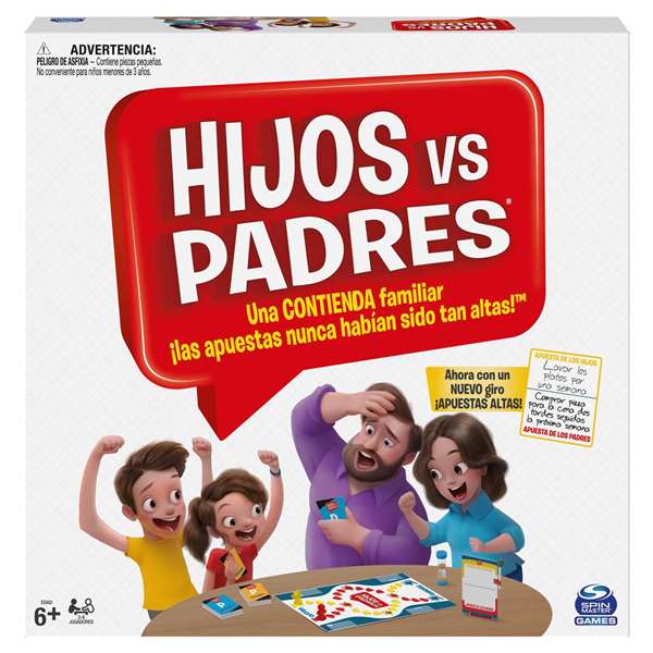 Spin Master Jeu de société Parents contre Enfants, jeux de cartes et défis, multilingue, plateau, accessoires, 200 cartes, 27x27x5.5cm
