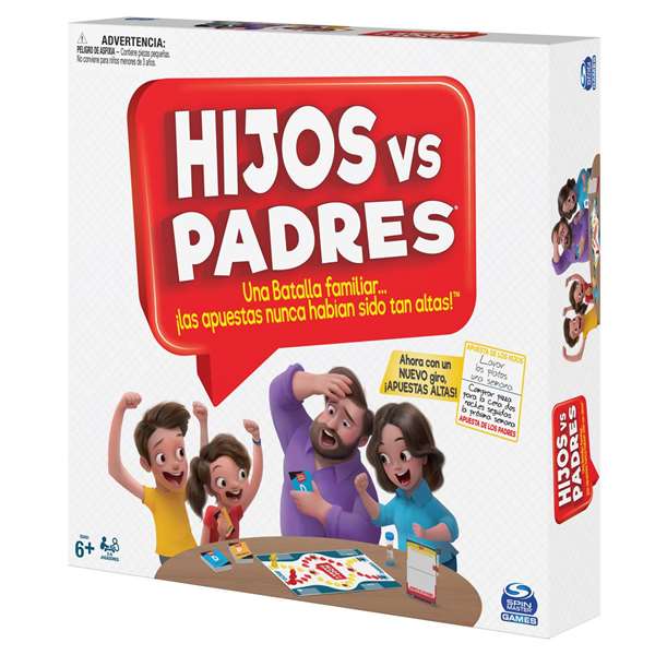 Spin Master Jeu de société Parents contre Enfants, jeux de cartes et défis, multilingue, plateau, accessoires, 200 cartes, 27x27x5.5cm