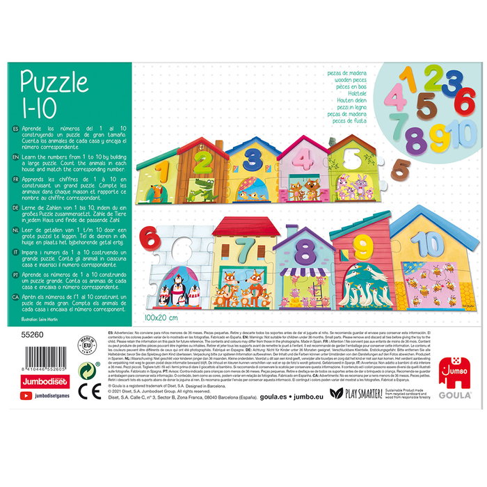 Goula Puzzle éducatif en bois et carton géant 1 à 10 avec 20 pièces illustrées et 10 chiffres pour enfants dès 3 ans - Multilingue